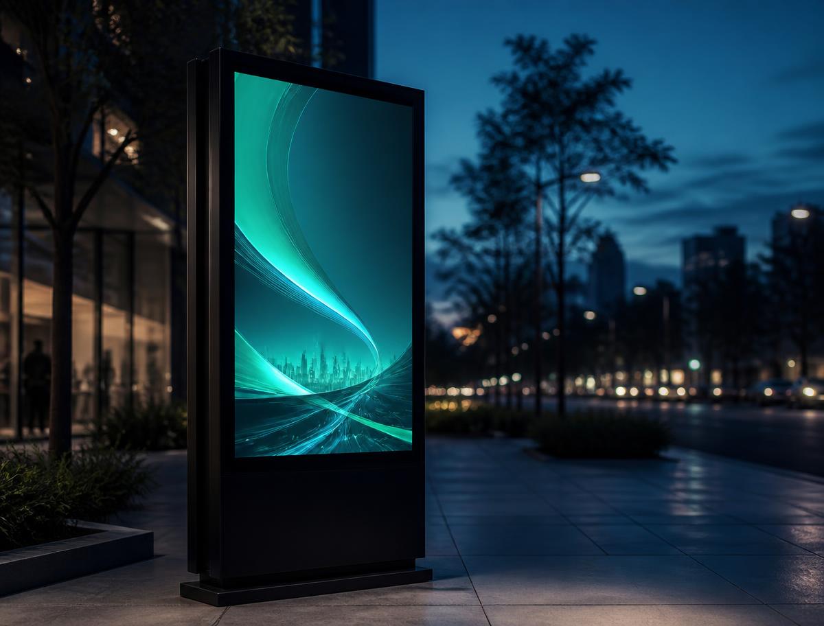 AVRIO digital advertising kiosk on a city sidewalk at dusk