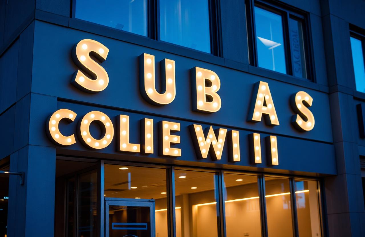 Illuminated channel letter storefront signage on a commercial building at dusk